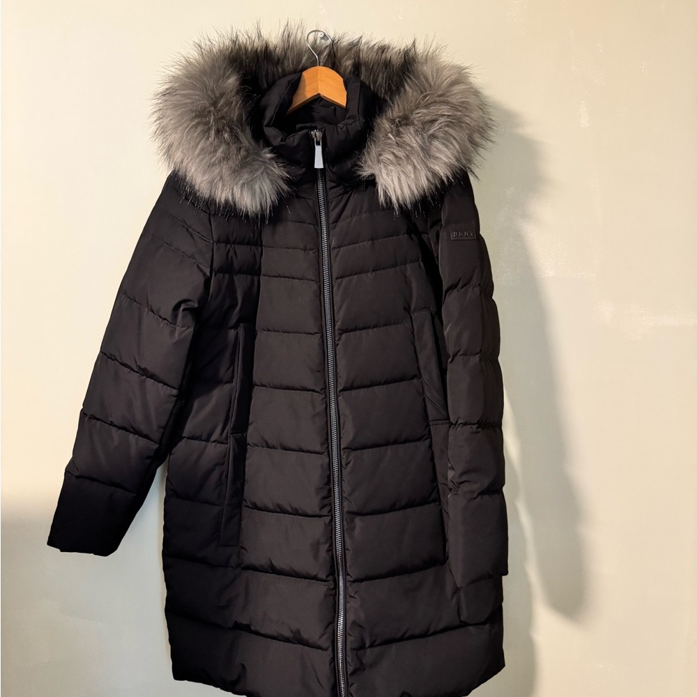 DKNY Black Puffer Coat with Faux Fur Trim Size Medium